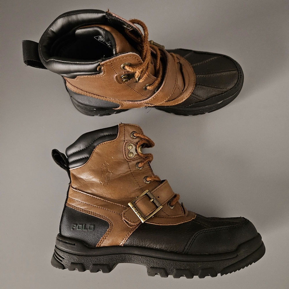 Polo Ralph Lauren Kids Duck Boots Sz 4 Youth Brown Black Lace Up Buckle Boys